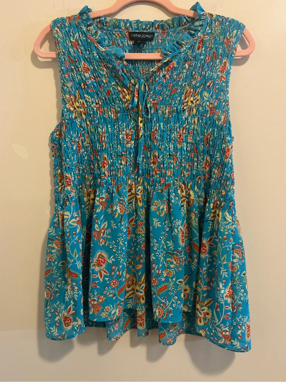Cynthia Rowley Turquoise Floral Smocked Sleeveless Top